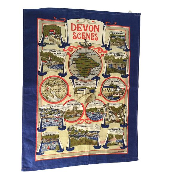 Vintage Devon United Kingdom Souvenir Cotton Tea Towel 20x26" Great Britain - Picture 1 of 5